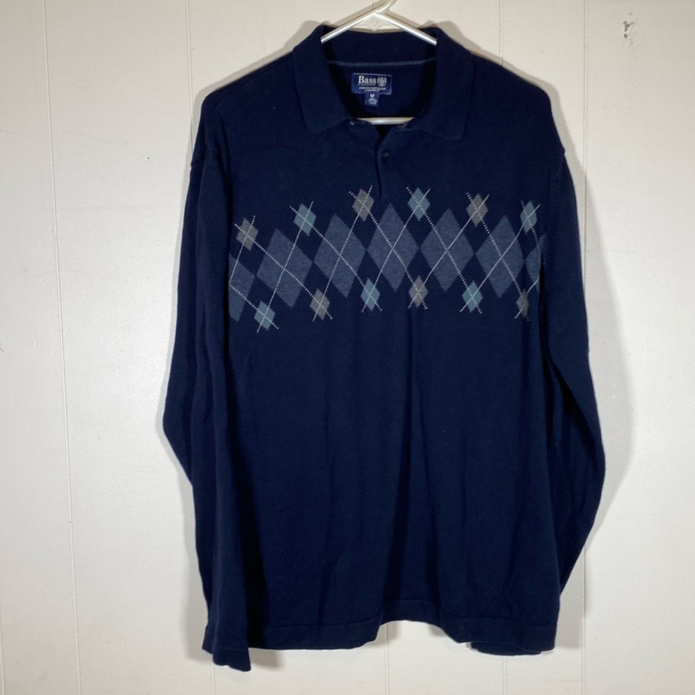Bass Henley grandpa polo sweater blue Argyle size medium academia old money